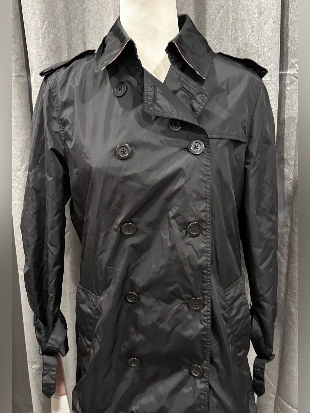 Burberry London Black Double-Breasted Women's Trench Coat 10 Black Missing Belt - Picture 2 of 16
